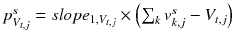 $$ p_{{V_{t,j} }}^{s} = slope_{{1,V_{t,j} }} \times \left( {\sum\nolimits_{k} {v_{k,j}^{s} } - V_{t,j} } \right) $$