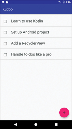 A screenshot of the completed Kudoo app shows four checkboxes labeled learn to use Kotlin, Set up Android project, Add a RecyclerView, and Handle to-dos like a pro.