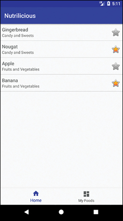 A figure shows the nutrilicious app with a working RecyclerView and hard-coded sampled data. 