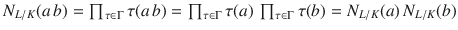 $$N_{L/K}(a\,b)=\prod_{\tau\in\Gamma}\tau(a\,b)=\prod_{\tau\in\Gamma}\tau(a)\,\prod_{\tau\in\Gamma}\tau(b)=N_{L/K}(a)\,N_{L/K}(b)$$