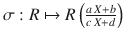 $$\sigma:R\mapsto R\left(\frac{a\,X+b}{c\,X+d}\right)$$