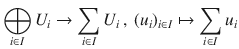 $$\bigoplus_{i\in I}U_{i}\to\sum_{i\in I}U_{i}\,,\ (u_{i})_{i\in I}\mapsto\sum_{i\in I}u_{i}$$