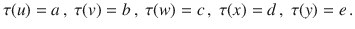 $$\tau(u)=a\,,\ \tau(v)=b\,,\ \tau(w)=c\,,\ \tau(x)=d\,,\ \tau(y)=e\,.$$