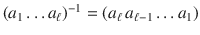 $$(a_{1}\ldots a_{\ell})^{-1}=(a_{\ell}\,a_{\ell-1}\ldots a_{1})$$