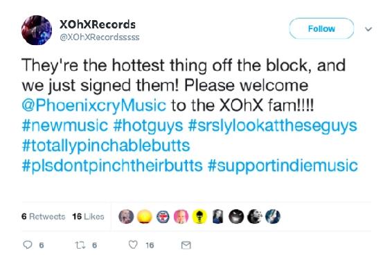 @XOhXRecordsssssThey’re the hottest thing off the block, and we just signed them! Please welcome @PhoenixcryMusic to the XOhX fam!!!! #newmusic #hotguys #srslylookattheseguys #totallypinchablebutts #plsdontpinchtheirbutts #supportindiemusic