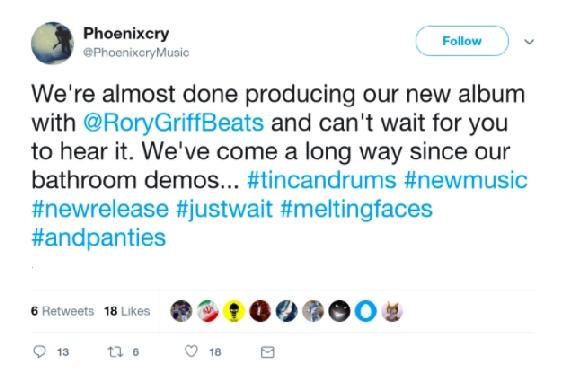 @PhoenixcryMusic We're almost done producing our new album with @RoryGriffBeats and can't wait for you to hear it. We've come a long way since our bathroom demos... #tincandrums #newmusic #newrelease #justwait #meltingfaces #andpanties