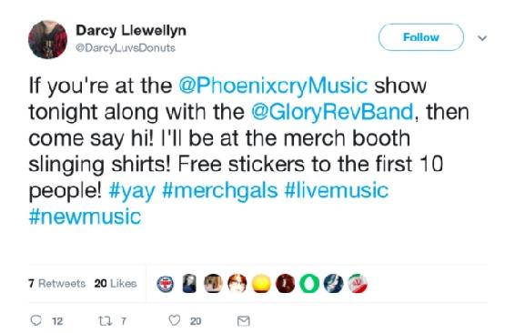 @DarcyLuvsDonuts If you're at the @PhoenixcryMusic show tonight along with the @GloryRevBand, then come say hi! I'll be at the merch booth slinging shirts! Free stickers to the first 10 people! #yay #merchgals #livemusic #newmusic