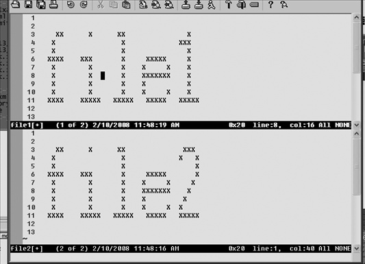 Results of “Vim -o5 file1 file2”