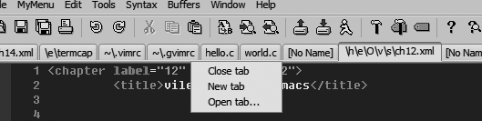 Example of gvim tabs and tabbed editing