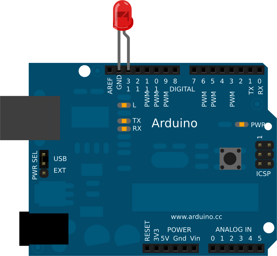 LED long lead inserted into pin 13 on the Arduino (image made with Fritzing.org).