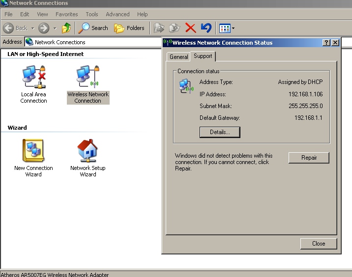 The network connections panel in Windows.