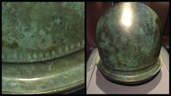 Photos depict an ancient Roman helmet hammered out of copper alloy.