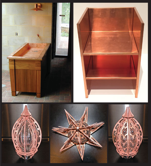 Photos depict various fabricated copper items including a copper sink, copper shelving, and custom light sconces in which glass was blown into the assembled forms.