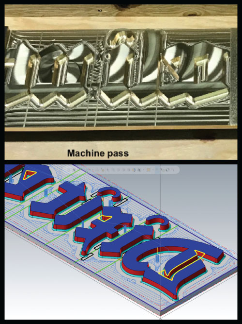 Photos depict (Top) The Initial mill marks on the metal surface. (Bottom) The computer image of the machining passes.