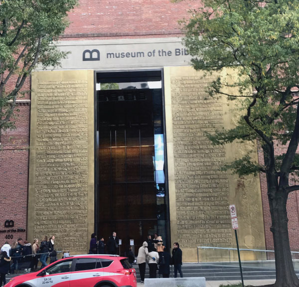 Photo depicts the machined lettering at the Museum of the Bible designed by Larry Kirkland.