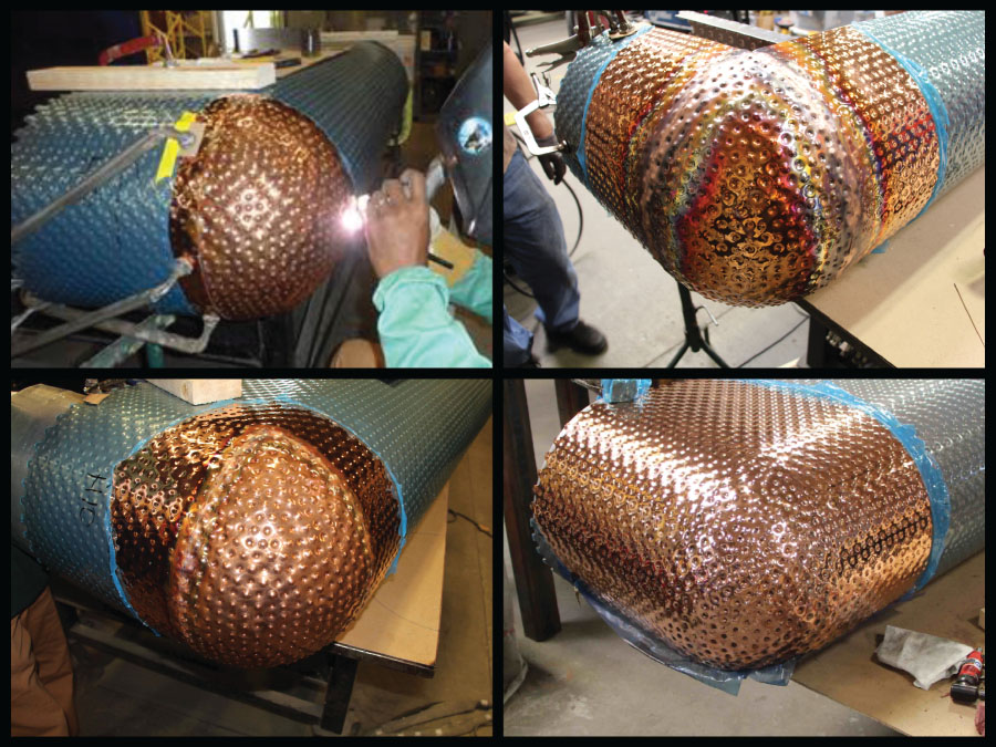 Photos depict the welding of a copper elbow for the Prada store in Tokyo.