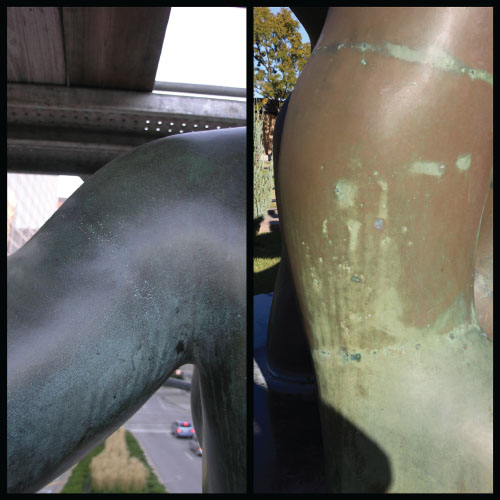 Photos depict the visible welds on weathered cast bronze.