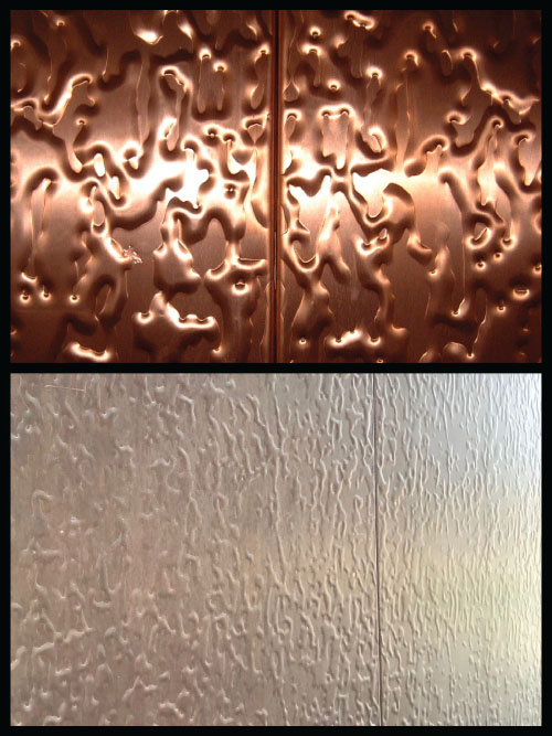 Photos depict the roll embossed finish (Top) unaged surface (Bottom) a finish exposed for twelve years.