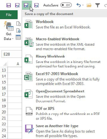 Once on the QAT, the gallery version of Save As Other Format offers Workbook, Macro-Enabled Workbook, Binary Workbook, Excel 97-2003 Workbook, OpenDocument Spreadsheet, PDF or XPS, Savee as Another File Type.