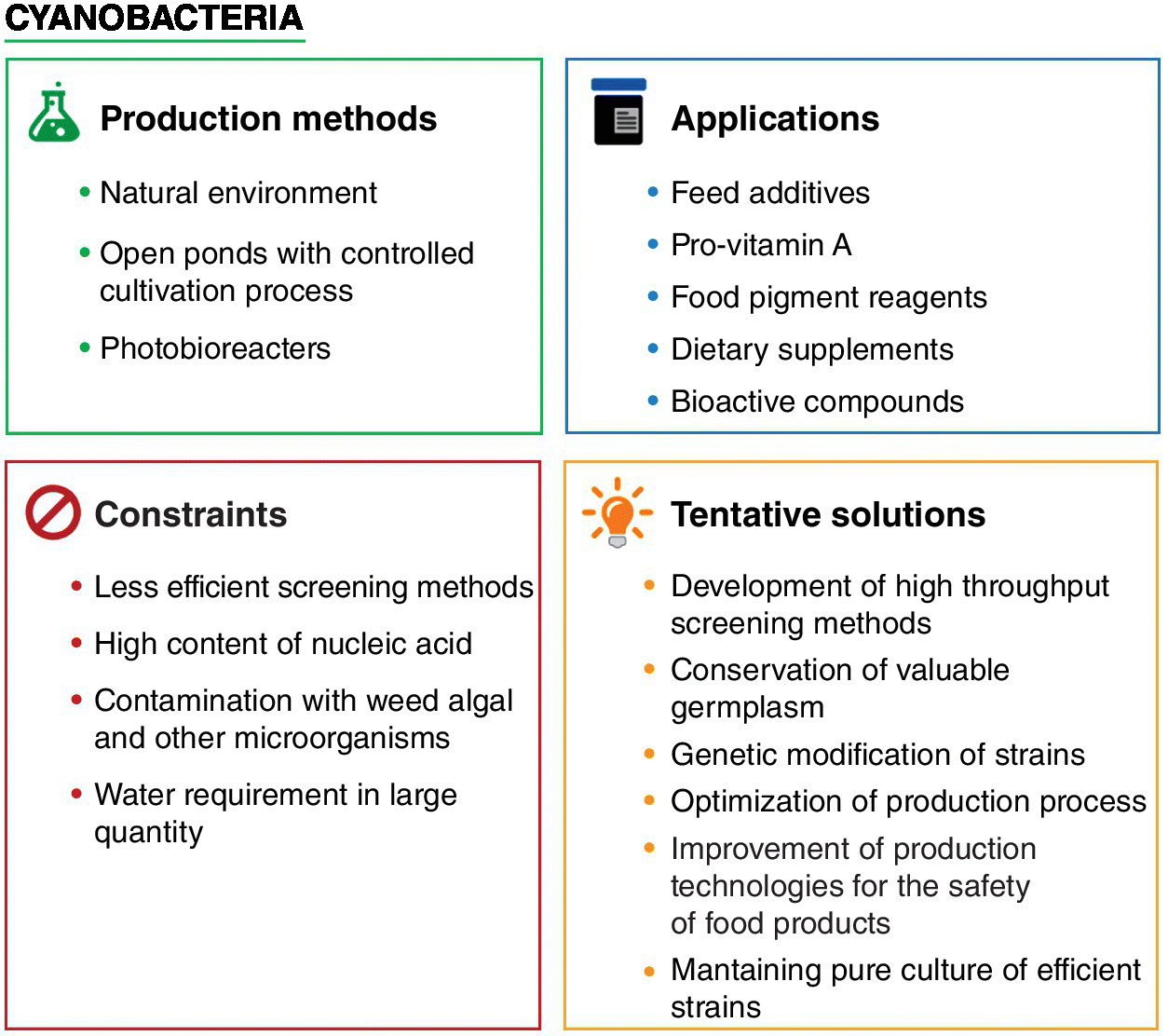 General overview of the applications, constraints, production of cynaobacteria, and tentative solutions, with menu icon, NO icon, conical flask icon, and light bulb icon, respectively.