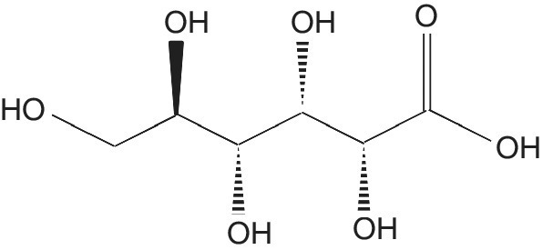 Skeletal structure of gluconic acid.