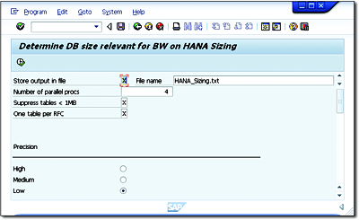 Initial Screen of the SAP BW on SAP HANA Sizing Report