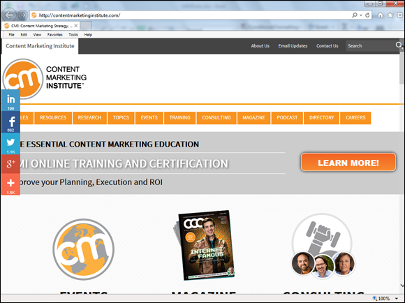 Screenshot of Home page of Content Marketing Institute, with the institute logo on the left side.