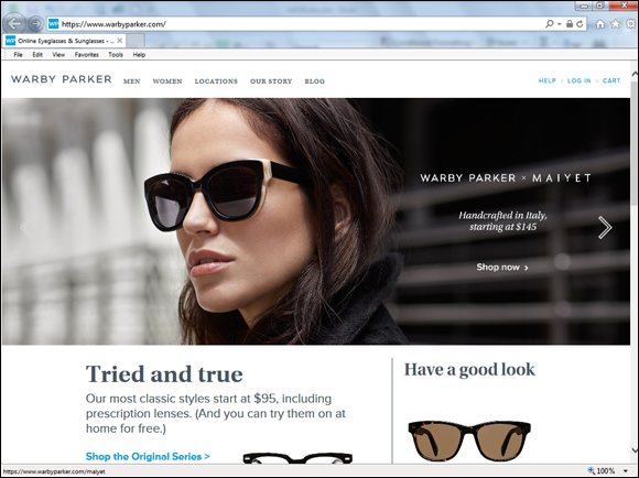 Screenshot of Home page of Warby Parker, the home page has a lady with coolers, a photo of a cooler, and a note describing its starting price.