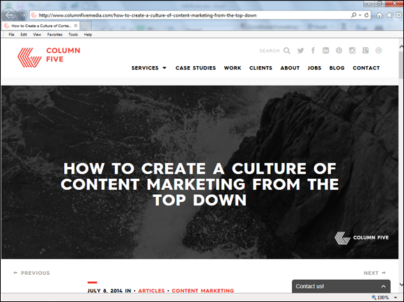 Screenshot of Home page of Column Five Media. The various features of the home page are Services, Case Studies, Work, Clients, About, Jobs, Blog, Contact. A topic displayed on the home page is “How to create a culture of content marketing from the top down.”