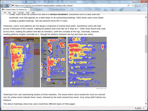 Screenshot of the F pattern on a heat map from the Nielsen Norman Group.