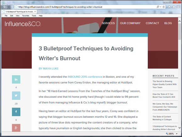 Screenshot of the web page of Influence & Co. blog, the topic displayed on the web page is 3 bulletproof techniques to avoiding writer’s burnout.”