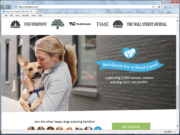 Screenshot of the BarkBox blog, the web page has a lady with a dog.