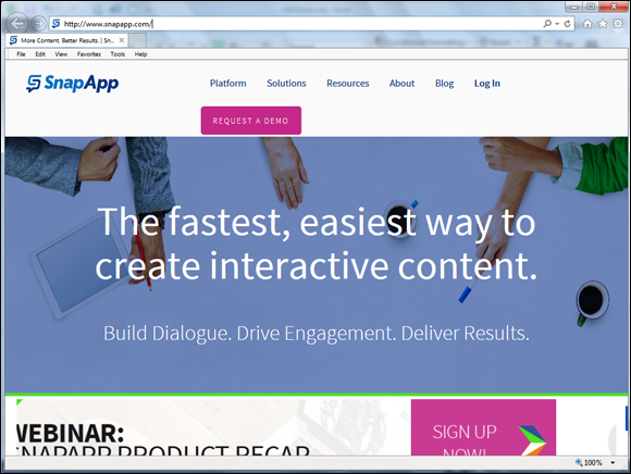 Screenshot of the Web page of the company SnapApp, they create ten different types of interactive content, including contests, quizzes, and infographics.