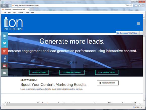 Web page of the company Ion Interactive, they targets content marketers and provides support or services to create interactive content.