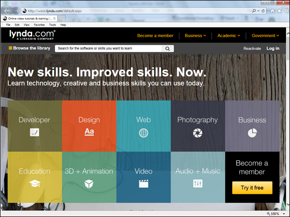 Screenshot of the home page of Lynda.com that supplies course content under the membership model that offers affiliate products.