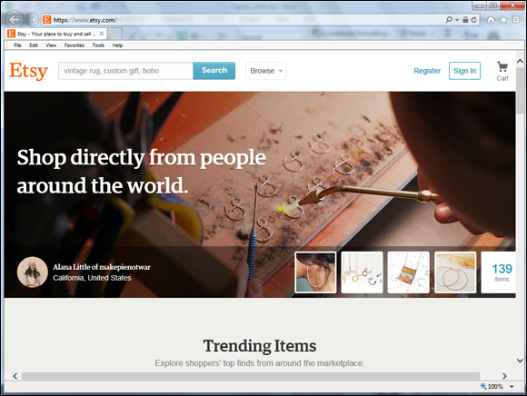 Screenshot of the home page of Etsy, which is a thriving example of the peer-to-peer e-commerce site model.