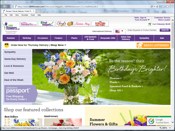 Screenshot of the home page of the online retailer 1-800-FLOWERS.COM.