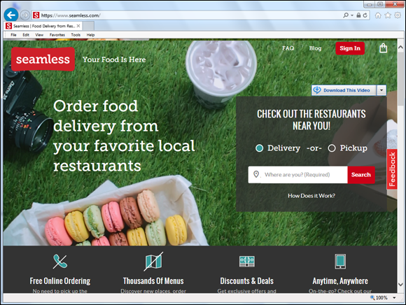 Screenshot of the home page of Seamless that provides a food-delivery service.