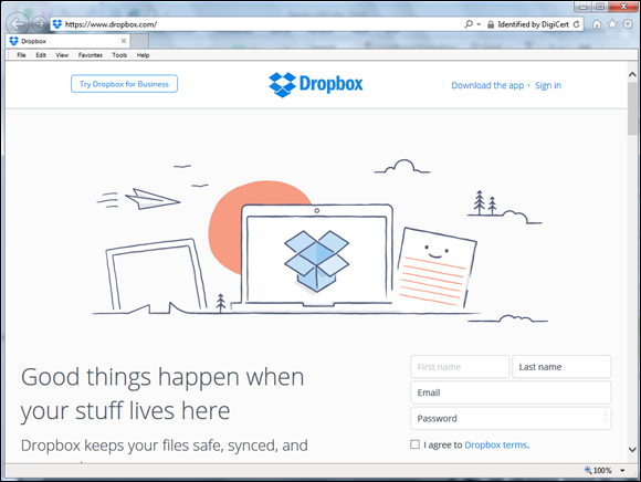 Screenshot of the home page of Dropbox that offers a freemium service for storing and sharing files.