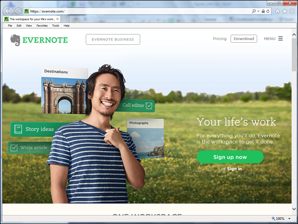 Screenshot of home page of Evernote, it adds values to the customer lives free of cost.