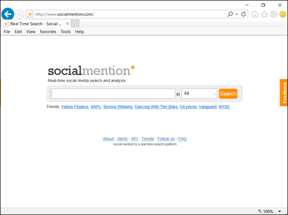 Screenshot of web page of Social Mention.