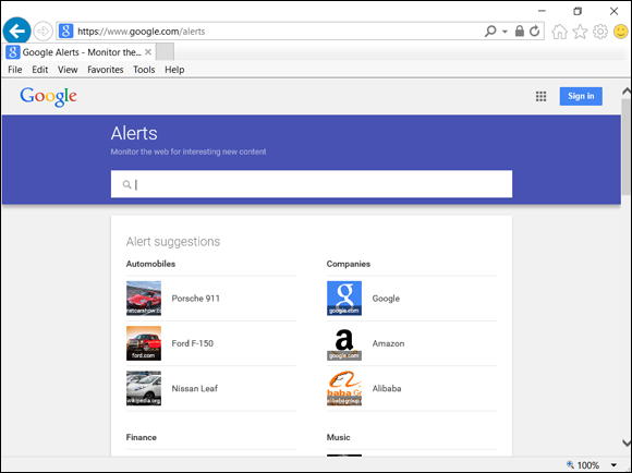 Screenshot of web page of Google Alerts.