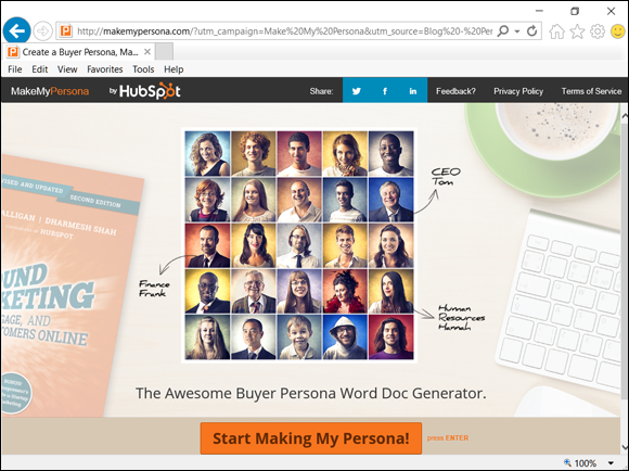 Screenshot of web  page of HubSpot displaying Make My Persona tool.