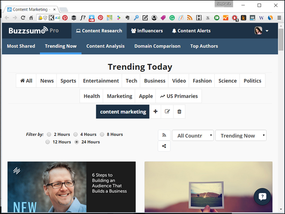 Screenshot of web page of BuzzSumo Trends for content marketing.