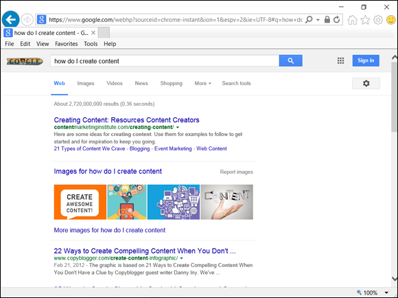 Screenshot of Google results for “how do I create content.”