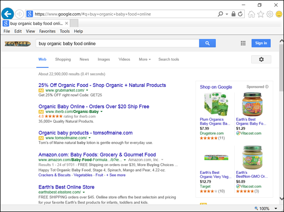 Screenshot of Google results for “buy organic baby food online.”