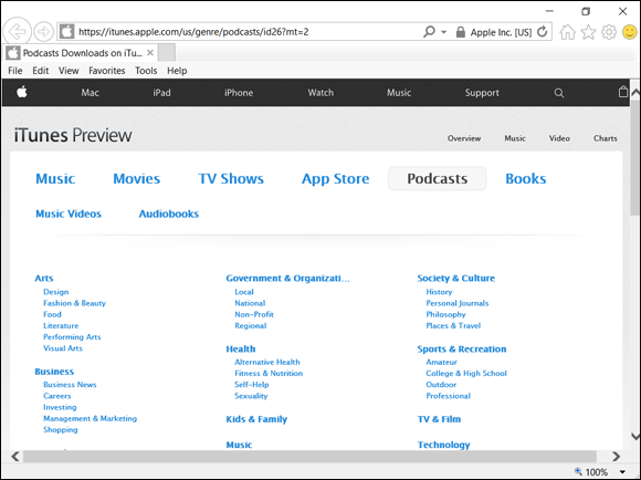 Screenshot of iTunes podcast directory.