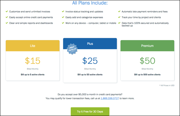 Screenshot of this content on Freshbooks that is designed to meet a prospective customer’s needs when looking for pricing.