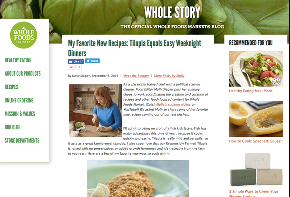 Screenshot of Whole Foods raising awareness of products it sells while providing value to its blog audience.