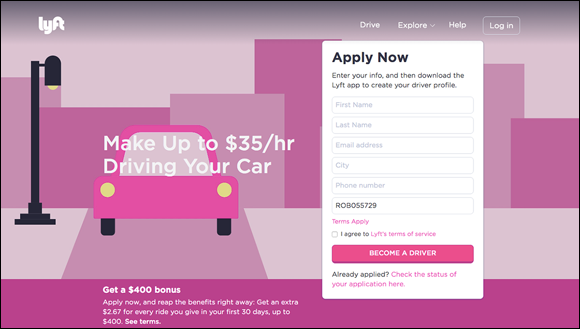 Screenshot of the web page of Rideshare company Lyft that uses a landing page to start its driver application process.